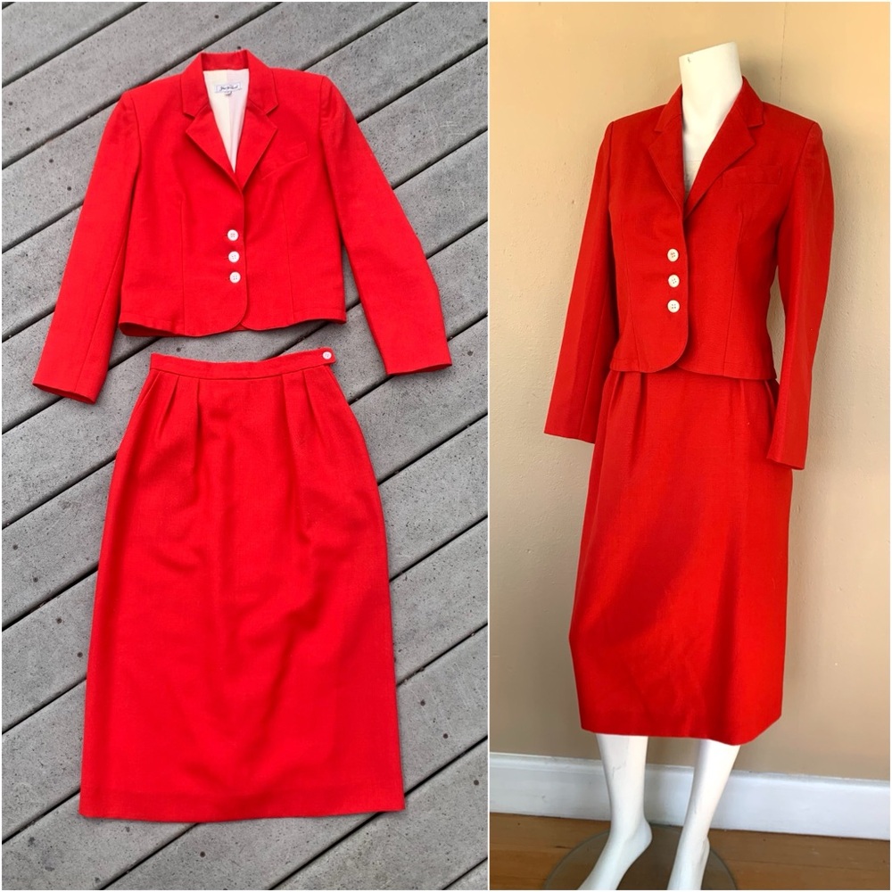 Vintage 70s Red Skirt Set | 80s Power Suit, Tailored Blazer and Pencil Skirt